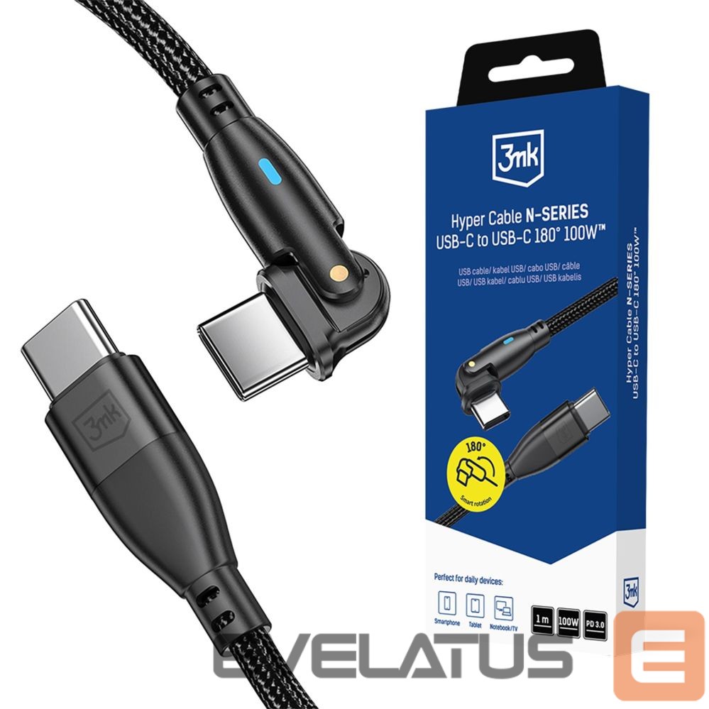 Kitos prekės 3MK 3mk Hyper Cable N-SERIES USB-C / USB-C 1m PD 3.0 QC 3.0 20V / 5A 100W - black