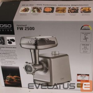 Mėsmalė Caso  SALE OUT.  Meat Mincer | FW 2500 | Stainless Steel | 2500 W | Number of speeds 2 | Throughput (kg/min) 2.5 | 3 stainless steel cutting plates (3 mm, 5 mm and 8 mm), Sausage filler, Cookie attachment with 4 moulds, Stuffer | DEMO 