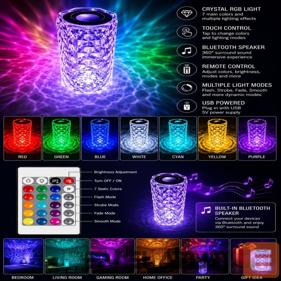 Stalinė lempa iLike Crystal Touch RGB LED Lamp with Bluetooth Speaker, Ambient Night Light, Remote Control