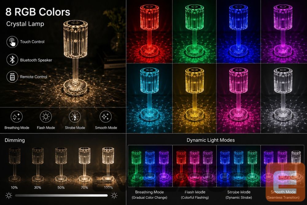 Stalinė lempa iLike Crystal Touch RGB LED Table Lamp with Bluetooth Speaker, Ambient Night Light & Remote Control